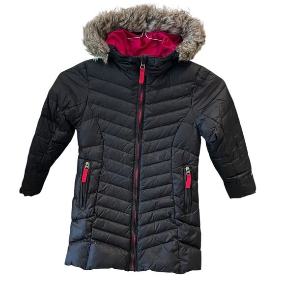 Eddie Bauer Black Pink Down Puffer Kids Coat Jacket XS 5-6 w/ Fur Trimmed Hood * - Picture 1 of 6
